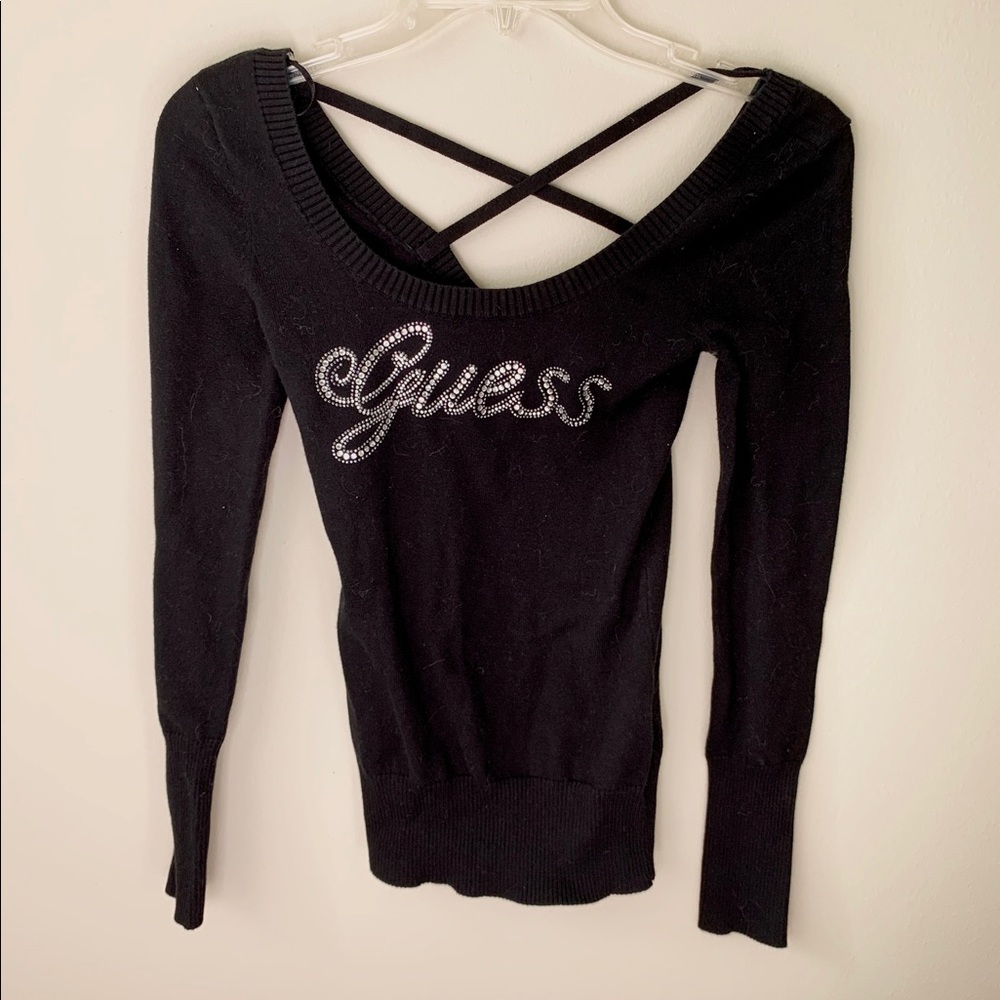 Guess Black Rhinestone Criss Cross Sweater Top